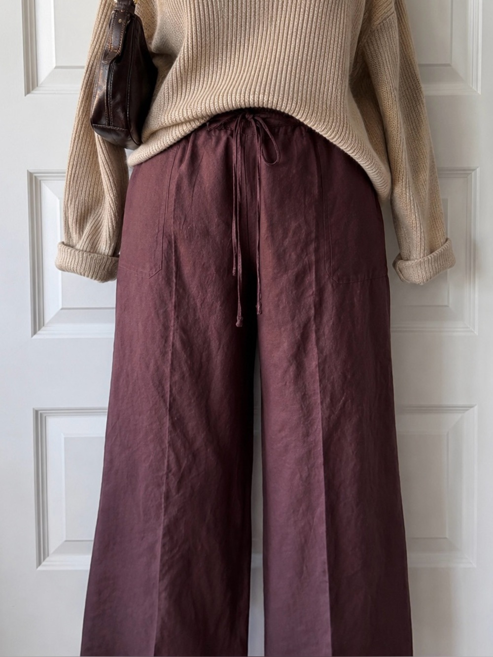 Elementz Linen Blend Pants XL Brown Wide Leg Drawstring Pull On Relaxed